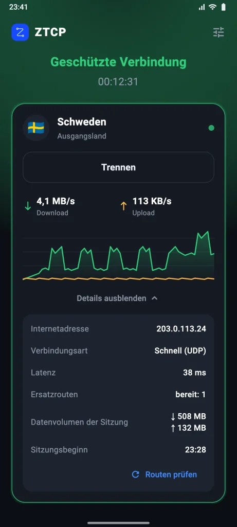 ZTCP Client: geschützte Verbindung, Ausgangsland Schweden, Geschwindigkeit und Verbindungsart