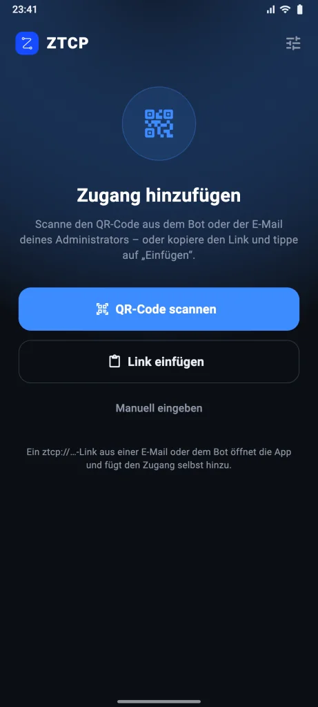 Erster Start: Schaltflächen „QR-Code scannen“ und „Link einfügen“