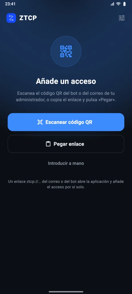 Primer inicio: botones «Escanear código QR» y «Pegar enlace»