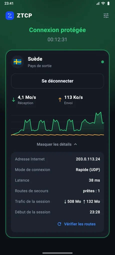 Écran de ZTCP Client : connexion protégée, pays de sortie Suède, débit et mode de connexion