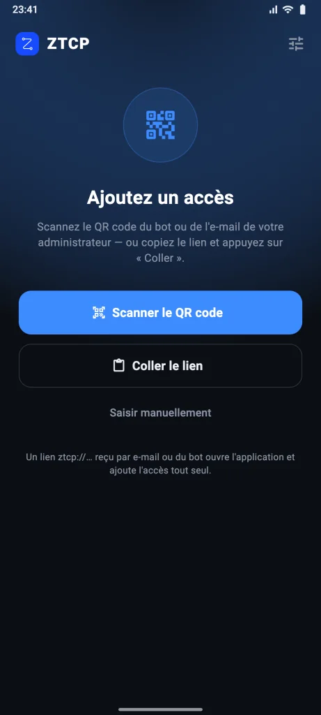 Premier lancement : boutons « Scanner le QR code » et « Coller le lien »