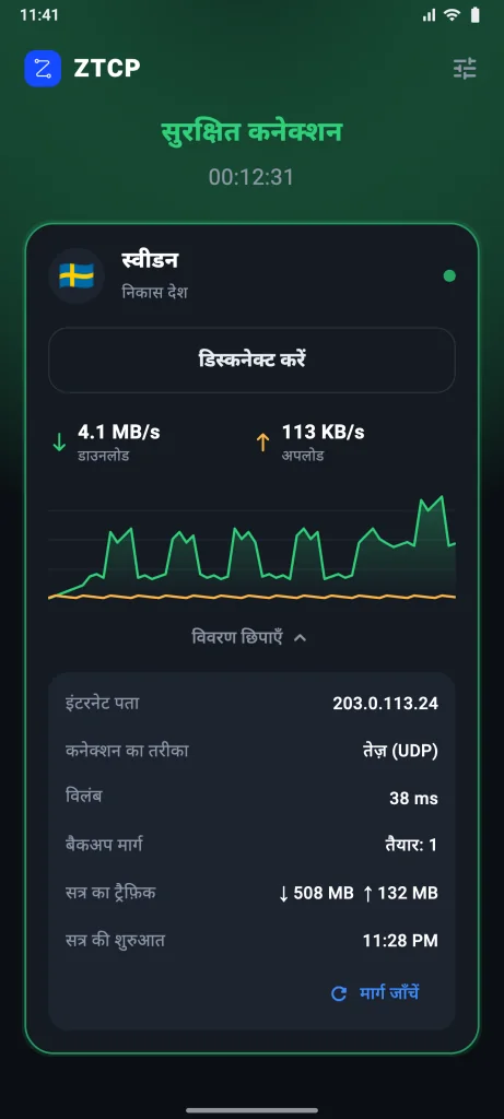 ZTCP Client की स्क्रीन: सुरक्षित कनेक्शन, निकास देश स्वीडन, गति और कनेक्शन का तरीका