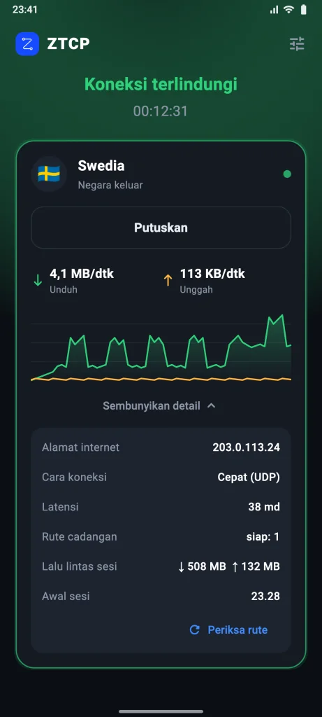 Layar ZTCP Client: koneksi terlindungi, negara keluar Swedia, kecepatan dan cara koneksi