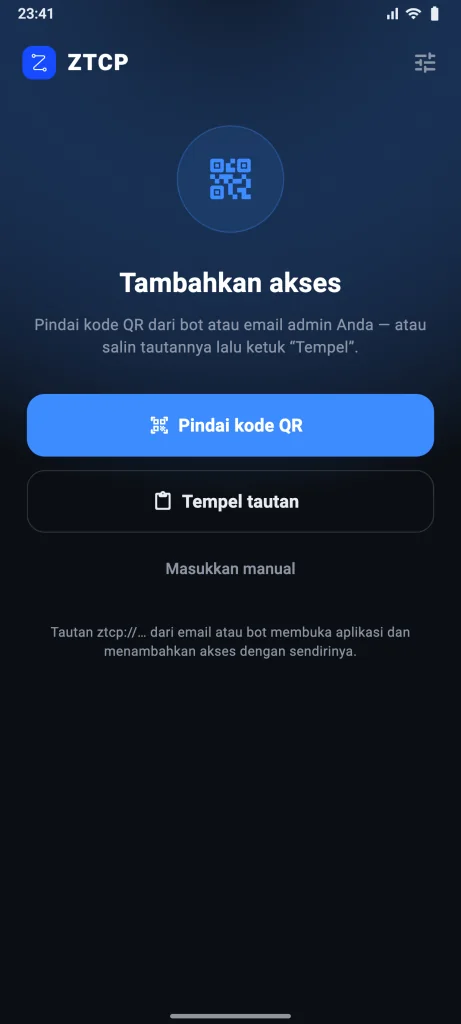 Pembukaan pertama: tombol “Pindai kode QR” dan “Tempel tautan”
