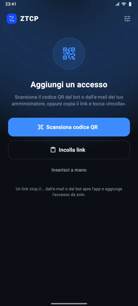 Primo avvio: pulsanti «Scansiona codice QR» e «Incolla link»