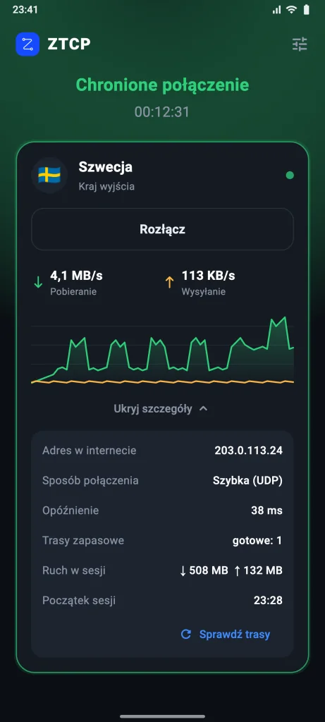Ekran ZTCP Client: chronione połączenie, kraj wyjścia Szwecja, prędkość i sposób połączenia