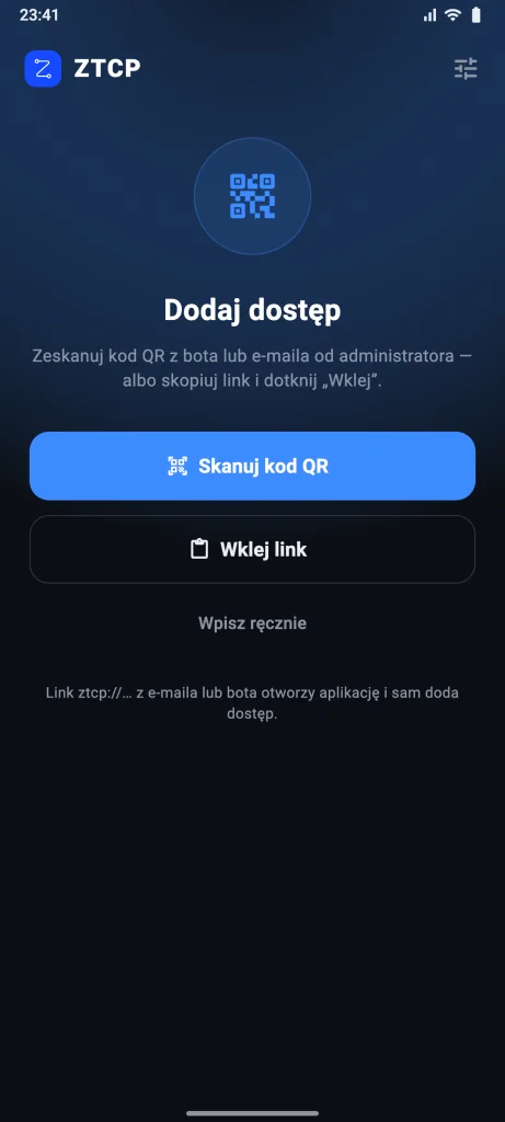 Pierwsze uruchomienie: przyciski „Skanuj kod QR” i „Wklej link”