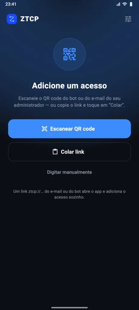 Primeira abertura: botões “Escanear QR code” e “Colar link”