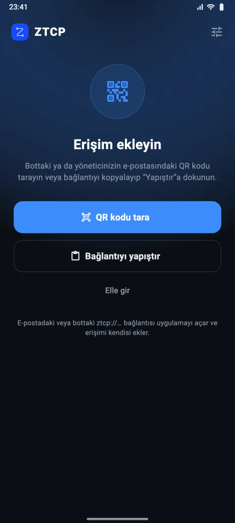 İlk açılış: “QR kodu tara” ve “Bağlantıyı yapıştır” düğmeleri