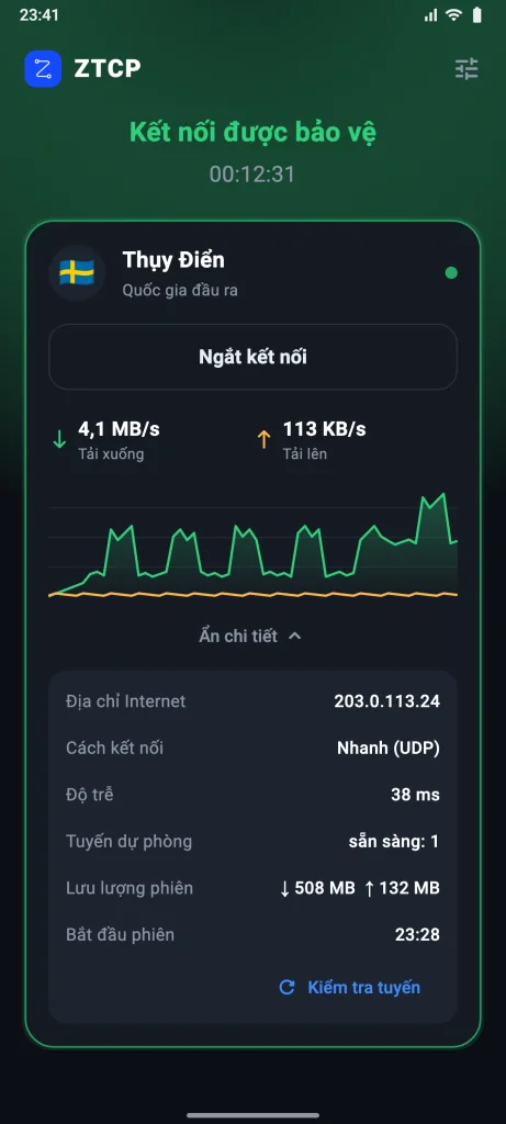 Màn hình ZTCP Client: kết nối được bảo vệ, quốc gia lối ra Thụy Điển, tốc độ và cách kết nối