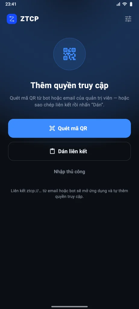 Lần mở đầu tiên: nút “Quét mã QR” và “Dán liên kết”